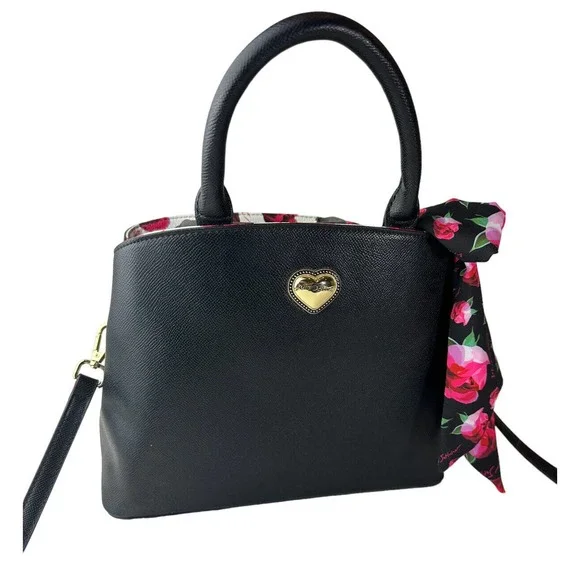 Betsey Johnson Gigi Triple Compartment Satchel W/ Scarf Black Purse Shoulder Bag - Picture 2 of 13